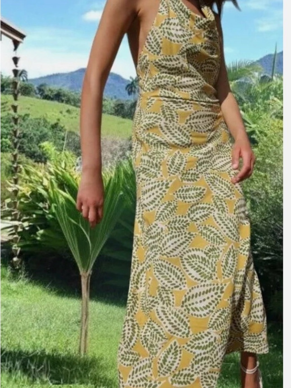 NWT Zara Yellow and Olive Green Leaf-Print Halter Maxi Dress
